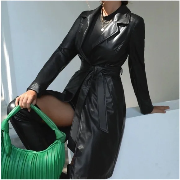 Luxe Black Vegan Leather belted Jacket Coat